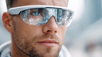 Futuristic technology vision: close up of transparent vr visor on person's face for virtual reality experience and innovation concepts