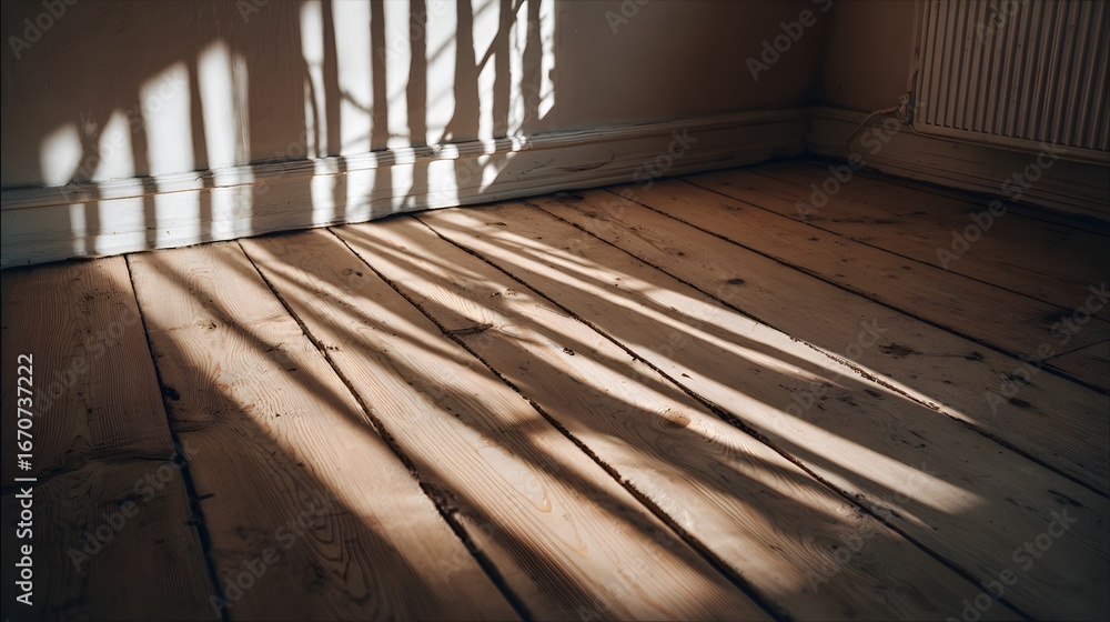 Poster sunlight streams across a light-toned wooden floor, casting intricate shadows from an unseen structu