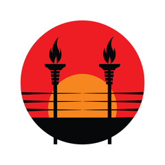 retro sunset with tiki torches glowing on white b