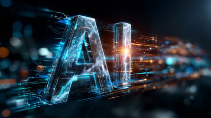 A dynamic digital white background with the word "AI" in bold, "AI" is made of multi-layered frosted semi-transparent glass, with information and circuits inside