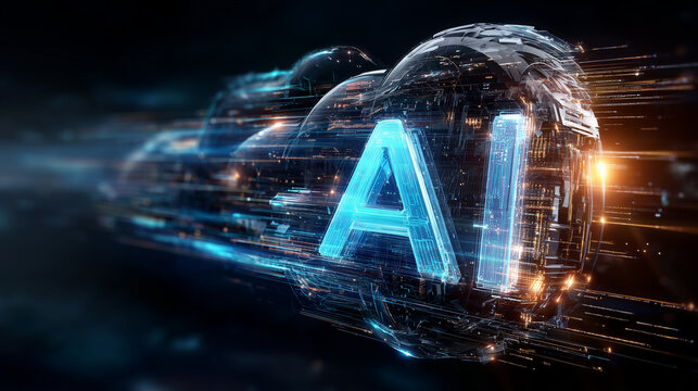 A dynamic digital white background with the word "AI" in bold, "AI" is made of multi-layered frosted semi-transparent glass, with information and circuits inside