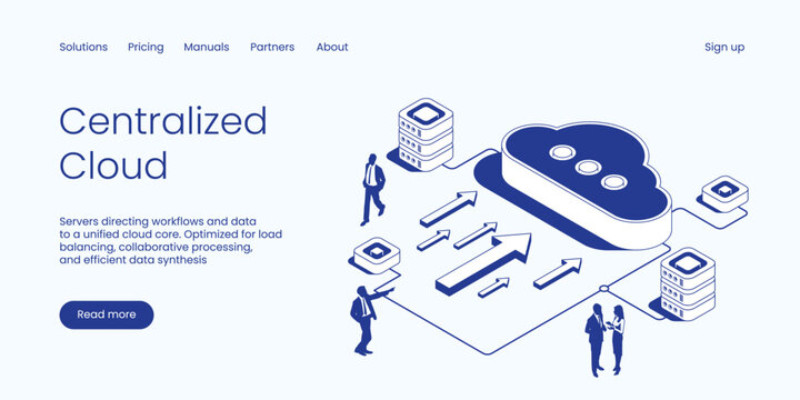 Centralized Cloud, Servers Directing Workflows and Data to Unified Cloud Core Optimized for Load Balancing and Collaborative Processing. Technology Isometric 3d Line Vector Illustration.