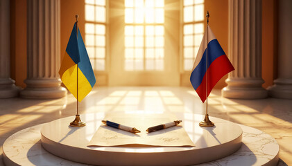 Russian and Ukrainian flags on a round podium, signing of a truce
