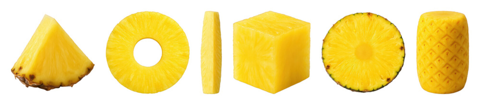 Pineapple set including wedge, ring, stick, cube, half-slice, and peeled cylinder isolated. Tropical fruit and healthy food collection.