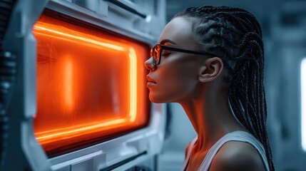 Futuristic interaction with virtual reality capsule in a modern sci-fi environment for innovative technology and gaming concepts