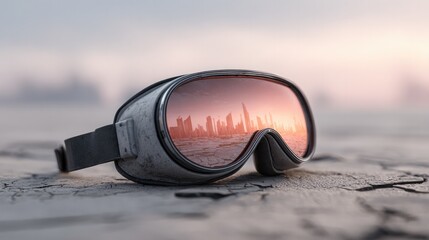 Futuristic concept of giant vr headset reflecting cityscape on cracked ground, ideal for digital innovation and virtual reality themes