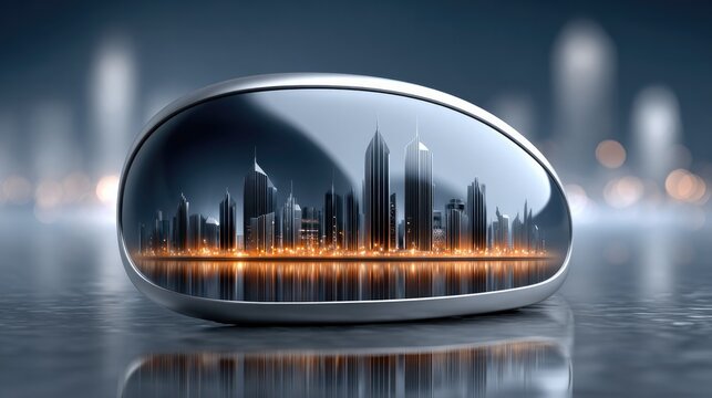 Futuristic cityscape reflected in giant vr headset visor for technology and innovation concepts in design
