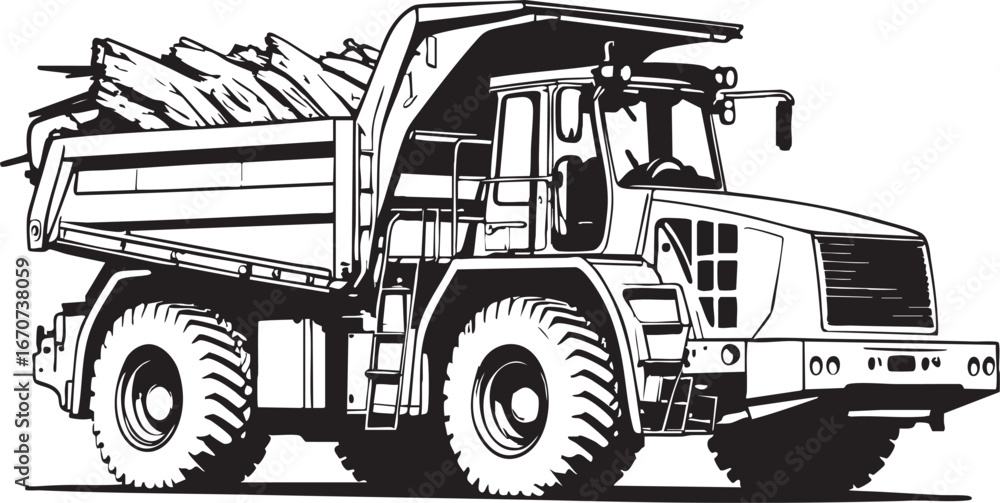 Poster forwarder forestry machine outline vector. minimal side view in technical style