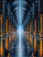 Obraz premium Futuristic cathedral-inspired vr server room with glowing lights for design and technology enthusiasts