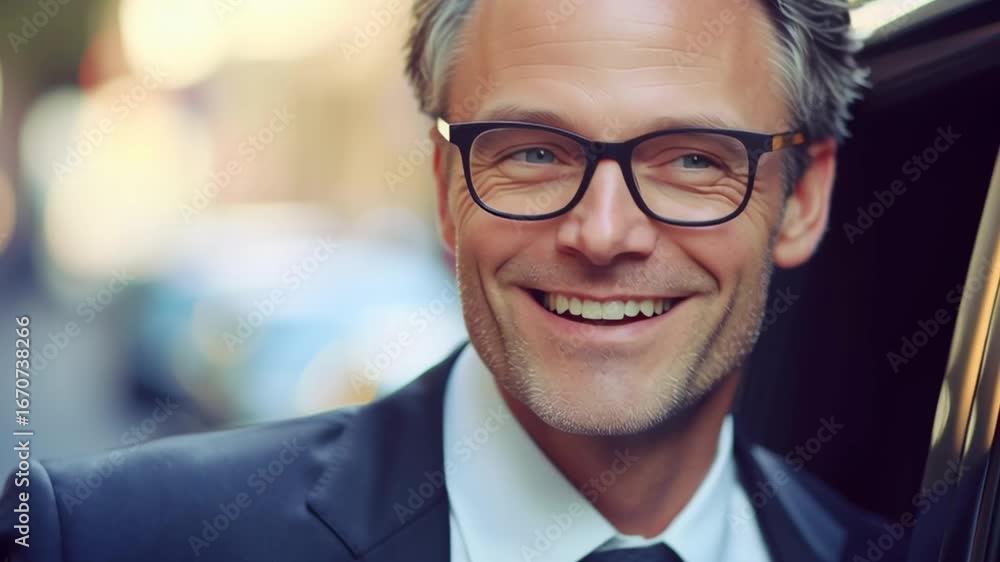 Poster a man in a suit and glasses is smiling and standing in front of a car. concept of confidence and pro