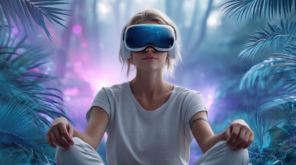 Futuristic meditation concept: young woman in lotus position with virtual reality headset in neon lit forest
