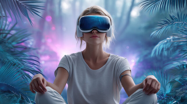 Futuristic meditation concept: young woman in lotus position with virtual reality headset in neon lit forest