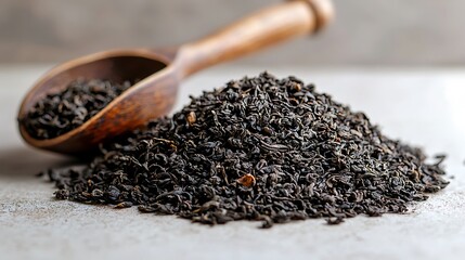 Close up photo of loose leaf black tea with wooden scoop on surface