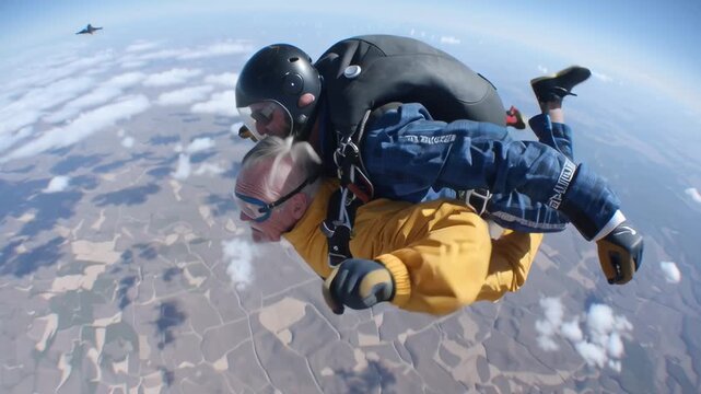 A man wearing a backpack and goggles is smiling as he jumps out of a plane. Concept of adventure and excitement, as the man is taking a daring leap into the sky