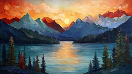 Stunning landscape photo depicts vibrant sunset over majestic mountains and tranquil lake water