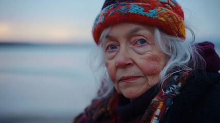 Elderly woman thoughtfully gazes at the serene water during sunset at a beach