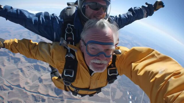 A man wearing a backpack and goggles is smiling as he jumps out of a plane. Concept of adventure and excitement, as the man is taking a daring leap into the sky