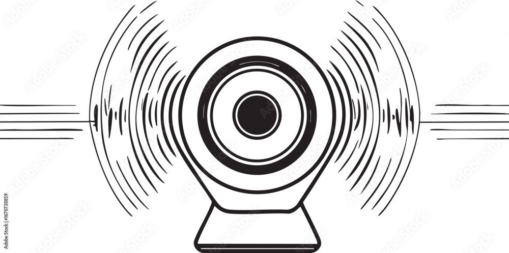 Poster minimalist outline speaker with sound waves. vector icon for audio and tech use