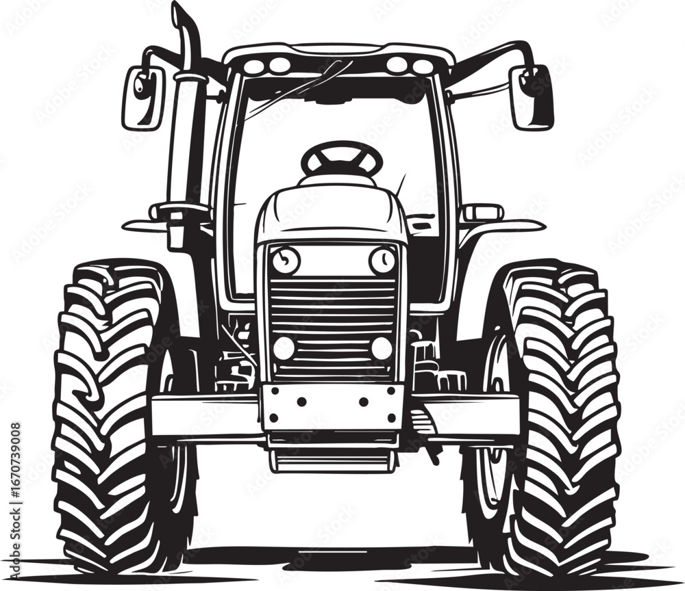 Poster tractor outline vector. front view of agricultural machine in clean line style