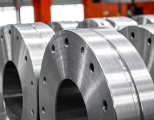 Polished metal discs in a factory setting