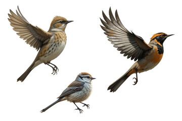 Fototapeta premium Three woodland songbirds set on black background realistic digital painting high detail 