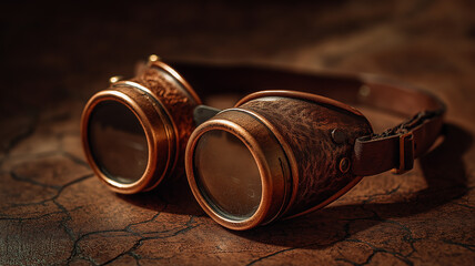 Steampunk goggles on leather surface, brass and glass shining, moody atmosphere, fine art photo style