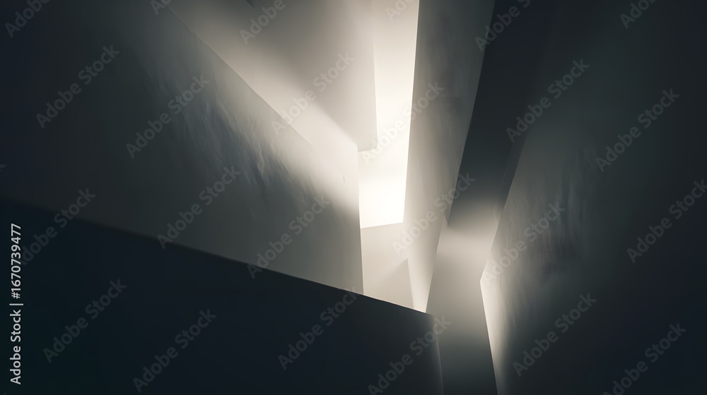 Poster intriguing architectural perspective reveals a dramatic interplay of light and shadow within a compl