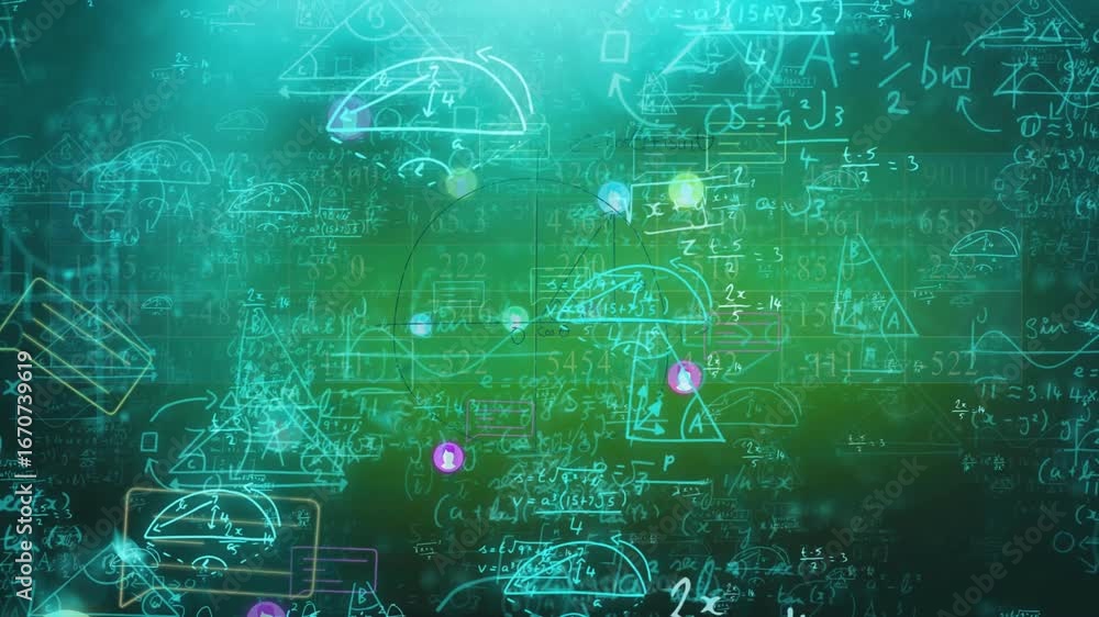 Aufkleber opening chalkboard formulas glowing, avatar icons drifting, clustering and showing network flow
