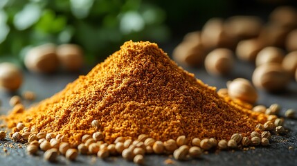 Close up photo of pile of grounded spice with coriander seeds and more spices.