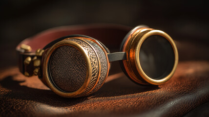 Steampunk goggles on leather surface, brass and glass shining, moody atmosphere, fine art photo style