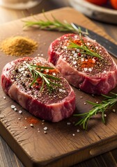 Two Raw Steaks Seasoned with Rosemary and Spices on a Wooden Board.