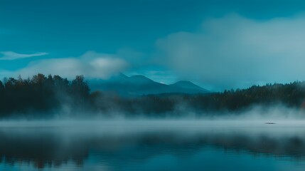 Obraz premium A tranquil lake scene shrouded in a soft mist, showcasing a serene landscape of mountains and forests bathed in a cool blue light.