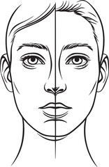 Split human face in outline style. Symbolic vector illustration of dual personal identity.