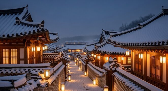 Winter snow hanok village korea korean traditional architecture travel destination scenic landscape asia tourism