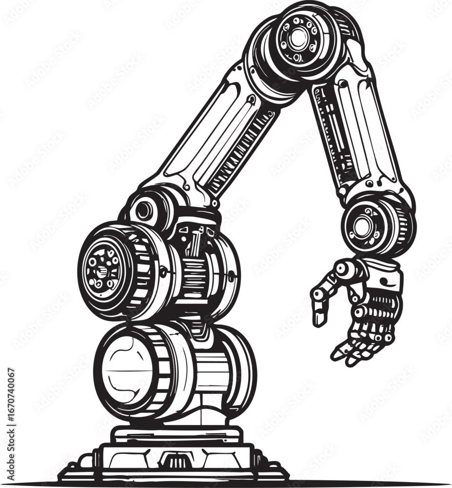 Poster robotic arm outline. minimal vector icon of industrial automation and machinery