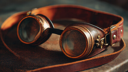 Steampunk goggles on leather surface, brass and glass shining, moody atmosphere, fine art photo style