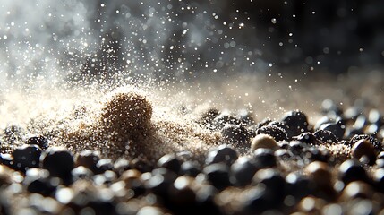 Close up photo of sand and pebbles with sparkling light and bokeh effects