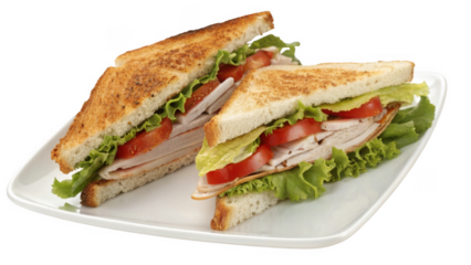 Deliciously prepared turkey club sandwich cut in half and presented on a white plate isolated on transparent background