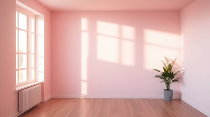Obraz premium Empty modern room bathed in soft sunlight with a potted plant creating a serene and elegant atmosphere