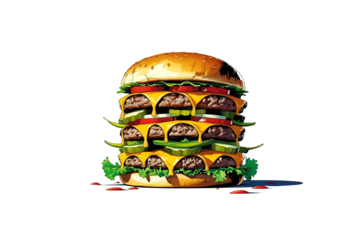 massive multi-layered cheeseburger with numerous patties and fresh toppings, no background