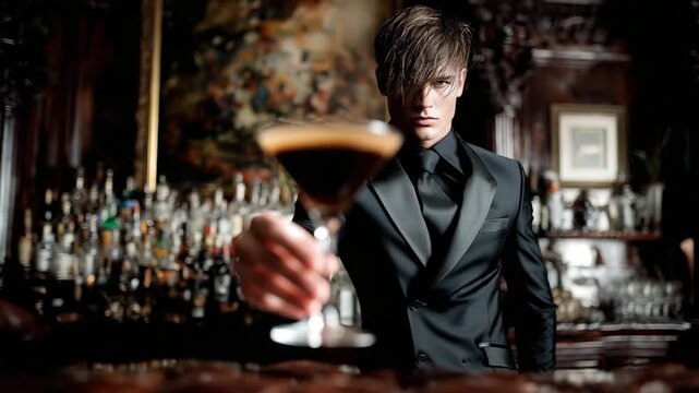 A stylish young man at the bar serving a cocktail to the viewer. An elegant man in a black suit, possibly a bartender. Class and sophistication. Perfect for content about drinks and evening leisure.