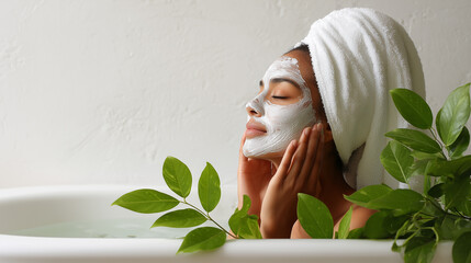 ai relaxing skin care routine during a spa day at home with face mask and soothing bath