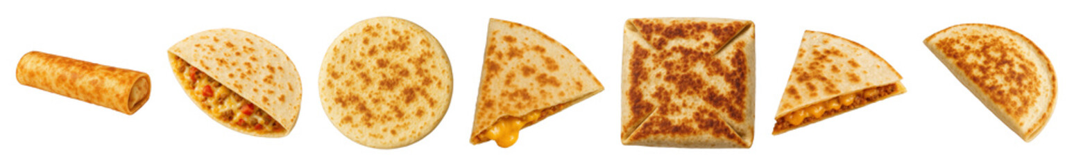 Fototapeta premium Quesadilla and burrito set including rolled, open, round, sliced, and folded forms isolated. Mexican fast food collection.