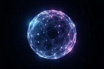 Vibrant glowing particle 3d sphere. Virtual AI assistant concept. Abstract technology, science, engineering, artificial intelligence, and neural networks. Colorful neon energy orb.