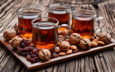 Warm Tea with Walnuts Almonds and Raisins