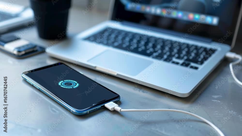 Poster a cell phone is charging on a table next to a laptop. the phone is displaying a blue circle with the