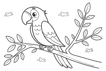 black and white line drawing of a parrot perched on a tree branch.