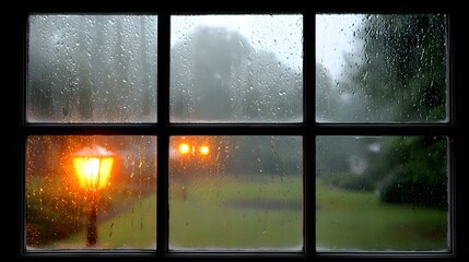 A warm lamp post shines through a rain-streaked window, showcasing a misty, rainy evening scene.