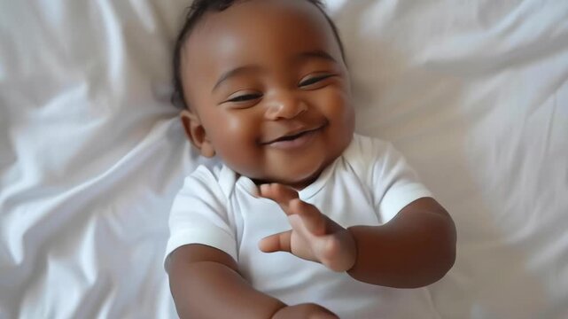 A smiling baby is laying on a bed. The baby is wearing a white shirt and he is happy