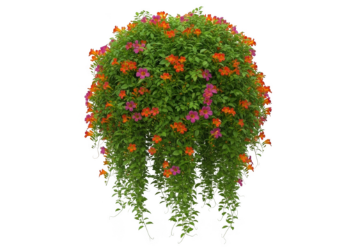 Vibrant cascading floral arrangement with lush green foliage and colorful blooms isolated on transparent background - Powered by Adobe